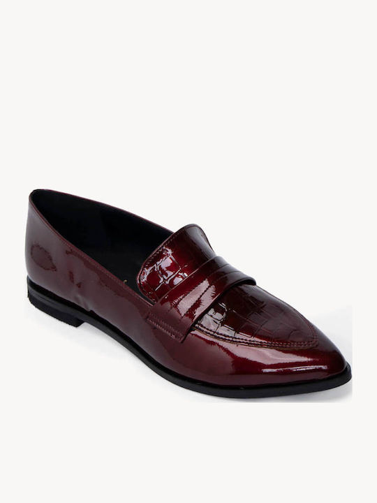 Bordeaux Damen Mokassins Lackleder Croco Design Mit Spitze