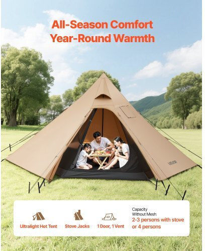 Vevor Camping Tent Teepee Brown with Double Cloth 4 Seasons for 4 People 380x380x200cm