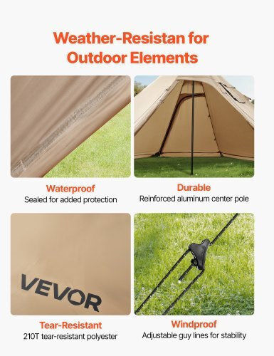 Vevor Camping Tent Teepee Brown with Double Cloth 4 Seasons for 4 People 380x380x200cm