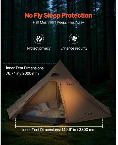 Vevor Camping Tent Teepee Brown with Double Cloth 4 Seasons for 4 People 380x380x200cm