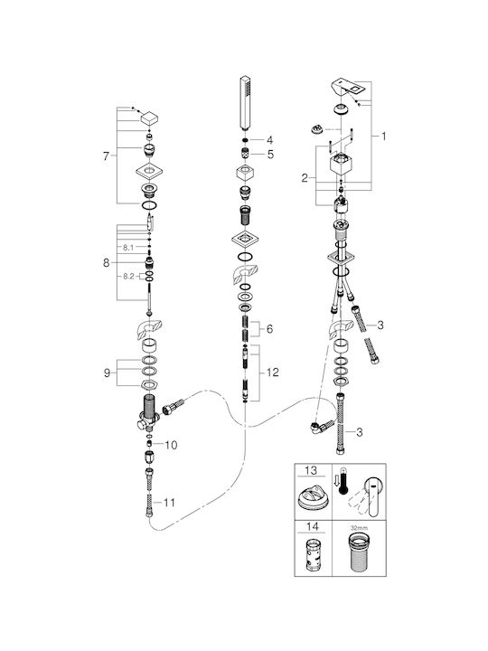 Grohe Eurocube Set Mischer & Handbrause für Wandmontage für Badewanne 2 Ausgänge Chrome