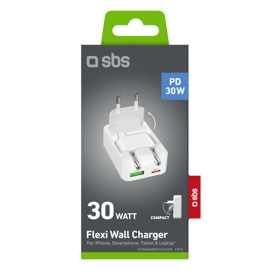 SBS Φορτιστής Χωρίς Καλώδιο με Θύρα USB-A και Θύρα USB-C 30W Power Delivery Λευκός (ANUSBTCFOLD30W)