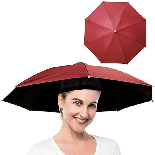 Head Umbrella Flippy 69 Cm Diameter Elastic Headband UV Rain Protection Dark Red