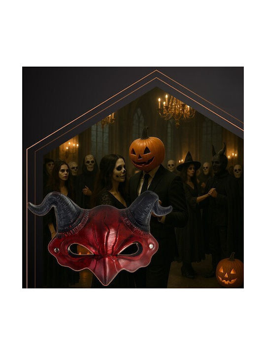 Mască Demon Halloween Cu Coarne Zola Bandă Elastică 21 X 34 Cm Roșu Negru