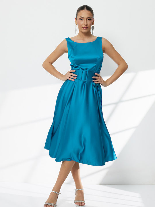 Summer Midi Dress for Wedding / Baptism Satin Open Back Petrol Blue