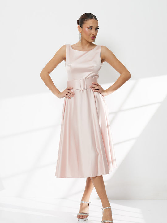 Summer Midi Dress for Wedding / Baptism Satin Open Back Pink