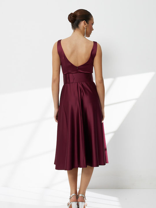 Summer Midi Dress for Wedding / Baptism Satin Open Back Burgundy