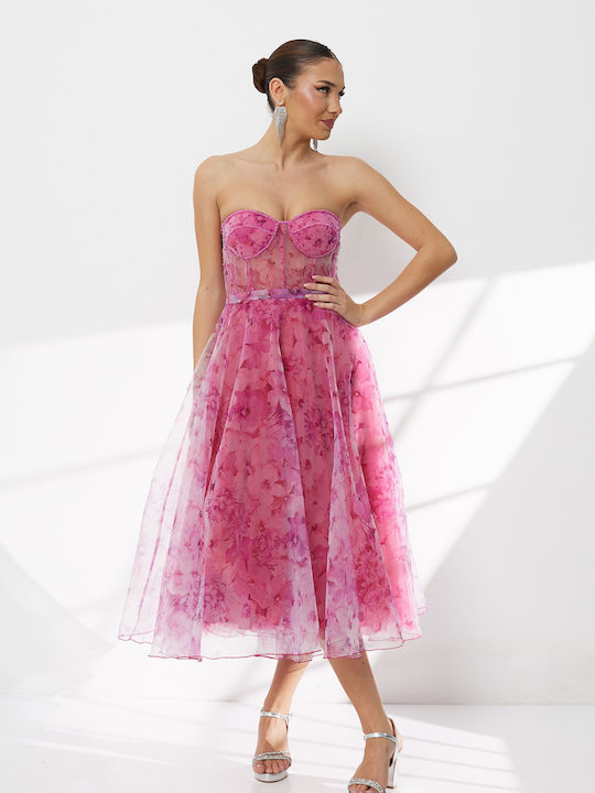 Sommer Midi Damenkleid für Hochzeit - Taufe Trägerlos Fuchsie