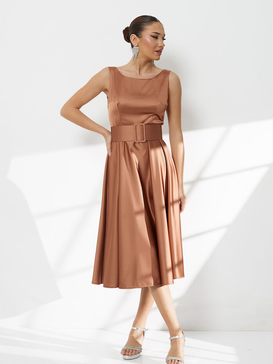 Summer Midi Dress for Wedding / Baptism Satin Open Back Gold