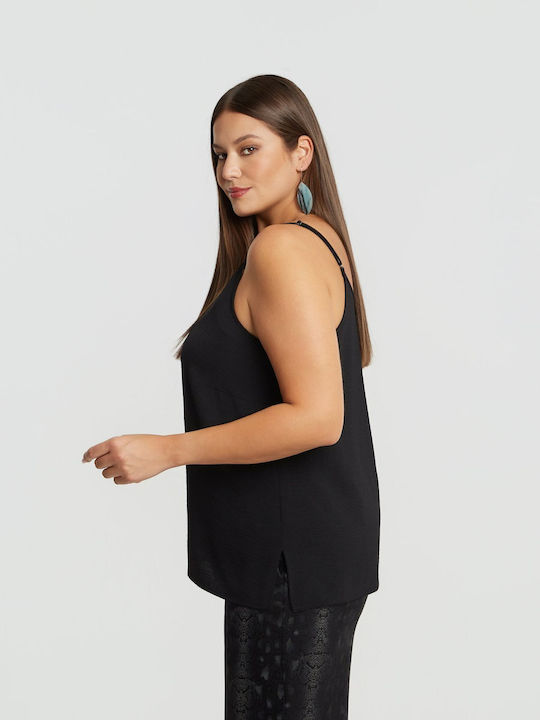 Bluza Damă Satin Cu Bretele Și Decolteu În V Neagră