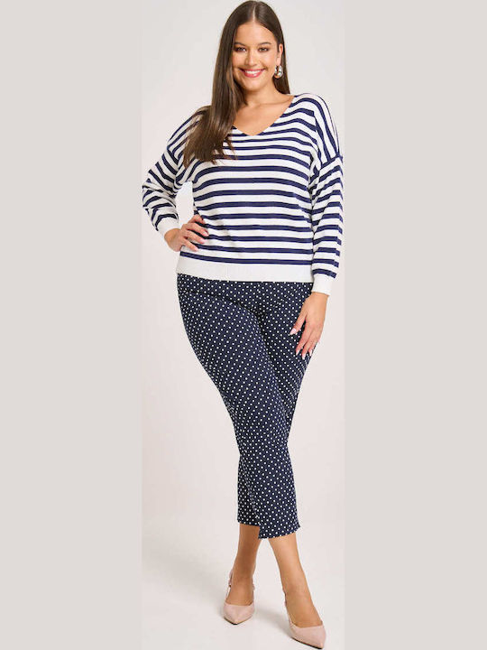 Women's Long Sleeve Sweater with V Neckline Striped Blue