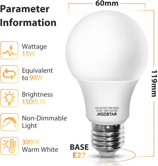 Aigostar Ντουί Σχήμα Θερμό Λάμπα LED 15W για Ντουί E27 και Σχήμα A60 Θερμό Λευκό 1200lm