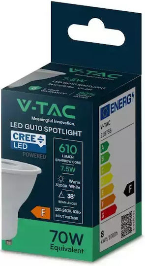 V-TAC LED Лампа 7.5W За Цокъл GU10 И Форма PAR16 Топло Бяло 610 Лумени