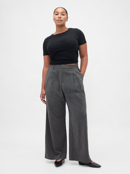 Women's High-waisted Fabric Trousers with Elastic Tonal Grey Plaid