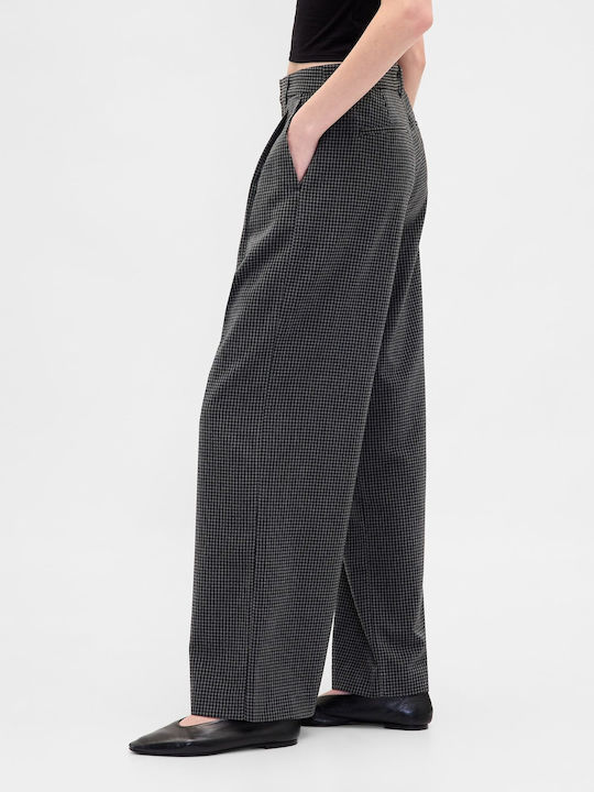 Women's High-waisted Fabric Trousers with Elastic Tonal Grey Plaid