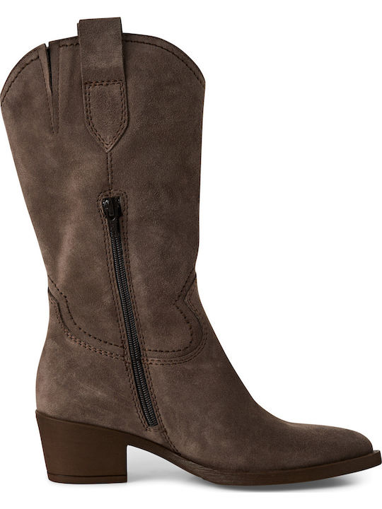 Leder Damenstiefel mit mittlerem Absatz Braun