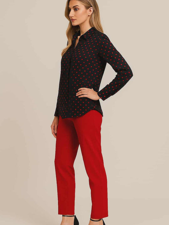 Women's Satin Polka Dot Long Sleeve Shirt Black With Red Polka Dots
