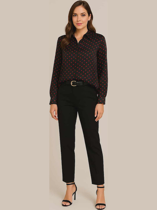 Women's Satin Polka Dot Long Sleeve Shirt Black With Red Polka Dots