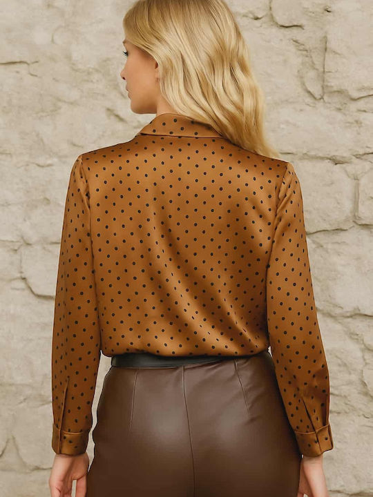Women's Satin Polka Dot Long Sleeve Shirt Orange