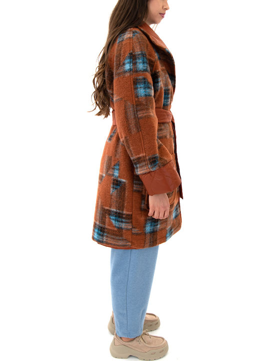 Women's Checked Blue-Orange Coat Oversized with Buttons