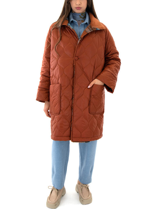 Women's Checked Blue-Orange Coat Oversized with Buttons