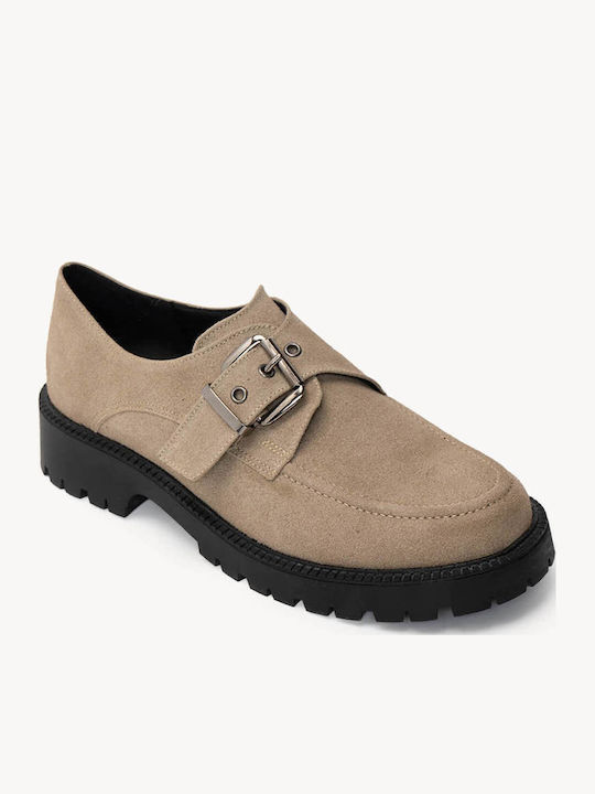 Mocasini Dama Loafers Angora Din Piele Intoarsa Bej Inchis Cu Cataramă Metalică