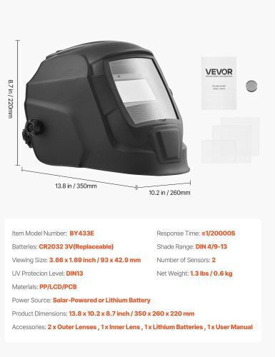 Vevor Welding Helmet with 93x43mm Visual Field Black
