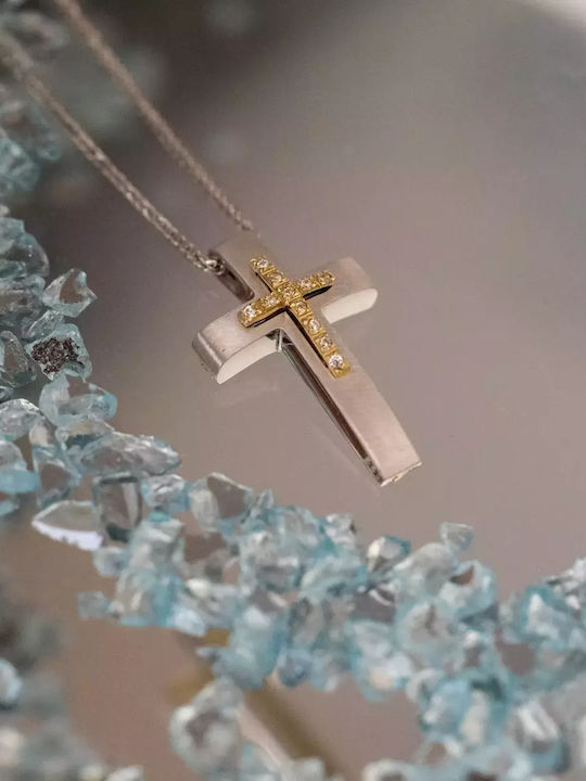 Дамски Бял златен Кръст 14K Двулицево с Верижка