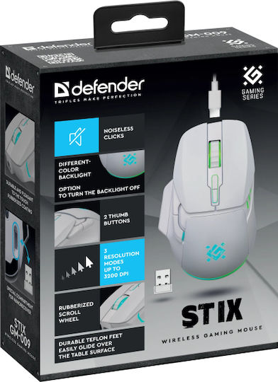 Defender Stix GM-009 Ασύρματο RGB Gaming Ποντίκι 3200 DPI Λευκό