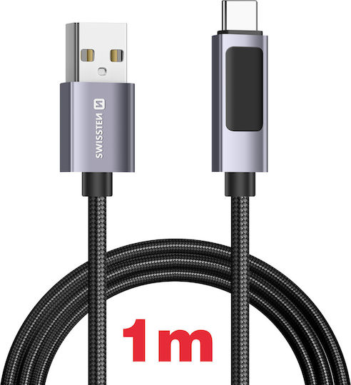 Swissten 3A Charging Sync USB To USB-C 60W 1M Cable LED Screen Black
