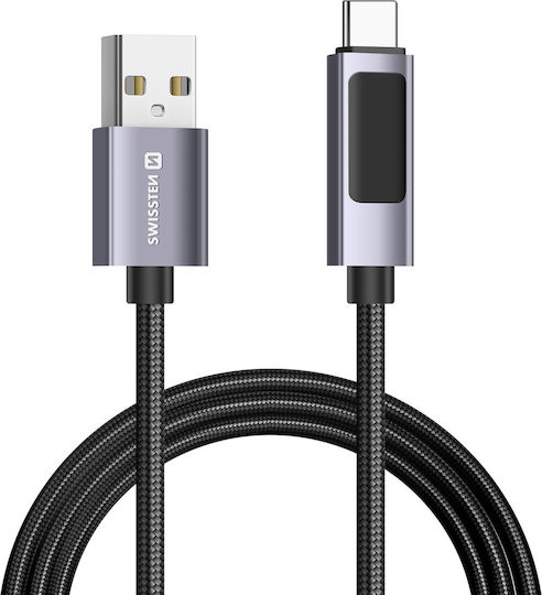 Swissten 3A Charging Sync USB To USB-C 60W 1M Cable LED Screen Black