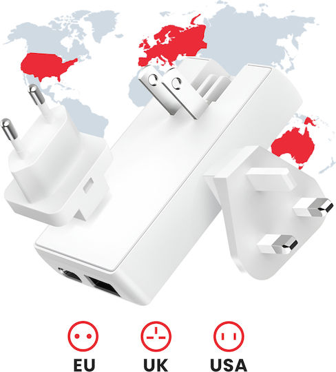 Swissten Macbook Laptop Gan 65w Travel Charger Usb-c Usb Ports Eu Uk Us Plugs White