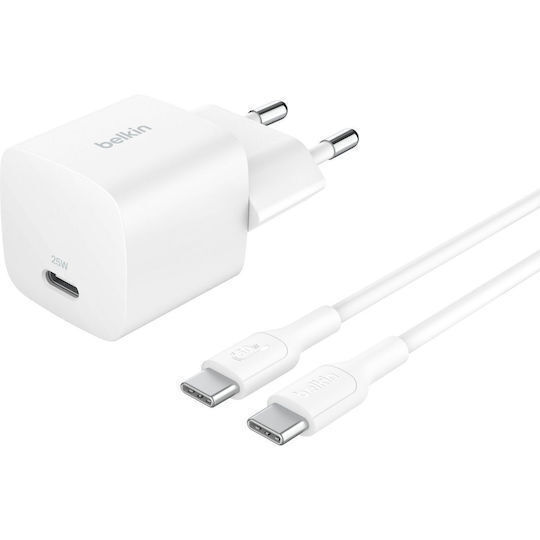 Belkin Φορτιστής με Θύρα USB-C και Καλώδιο USB-C - USB-C 30W Λευκός (BOOST Charge)