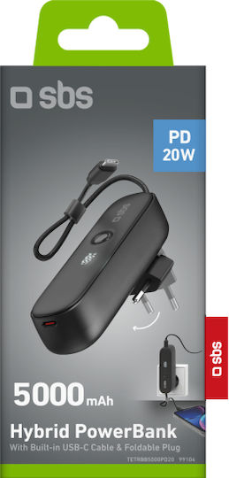SBS Hybrid Power Bank 5000mAh 20W με Θύρα USB-C Power Delivery Μαύρο