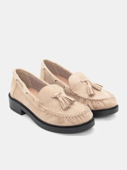 Leather Women's Loafers in Beige Color