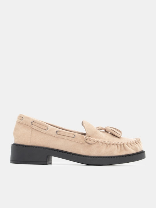 Leather Women's Loafers in Beige Color