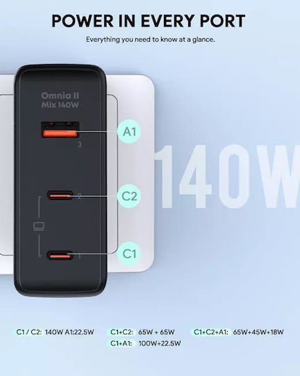 Aukey Incarcator Cu Port USB-A Și 2 Porturi USB-C Și Cablu USB-C USB-C 140W Negru (PA-B7O)