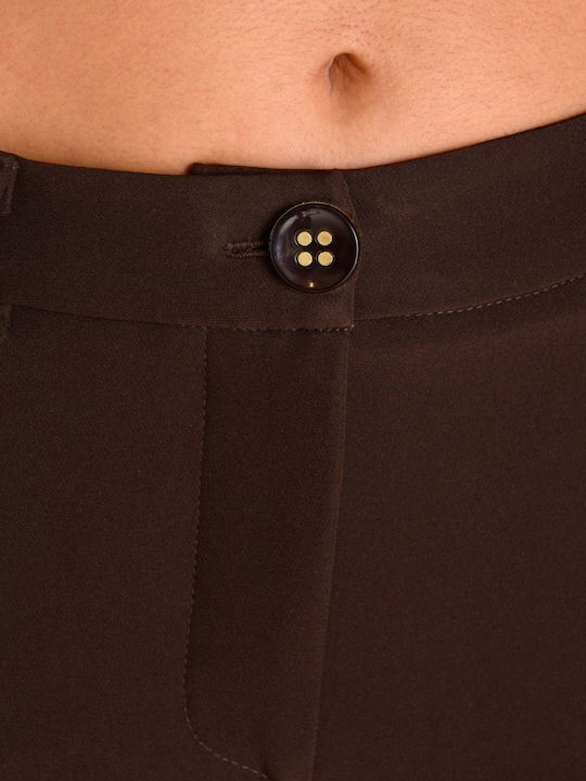 Women's High-waisted Fabric Trousers with Elastic Slim Fit Brown