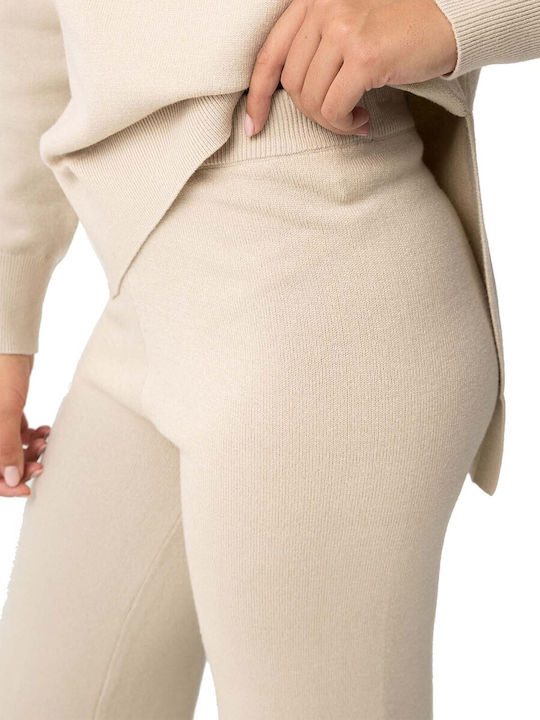 Women's High-waisted Fabric Trousers with Elastic Beige
