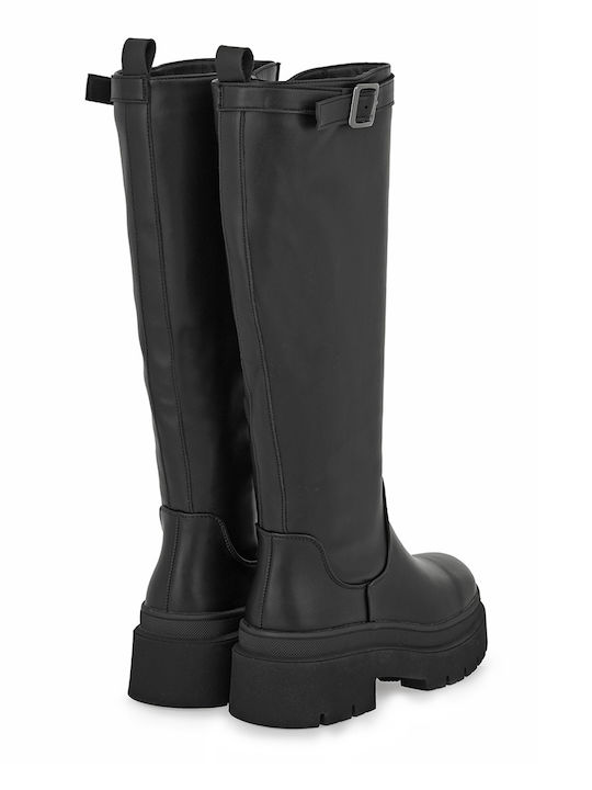 Synthetic Leather Medium Heel Women's Boots Black