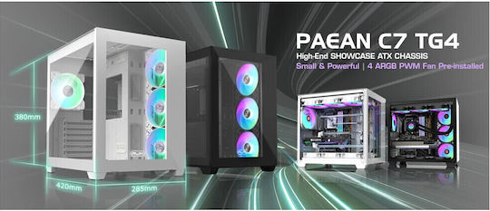 Raijintek Paean C7 TG4 Gaming Midi-Turm Computergehäuse mit Seitenfenster und RGB-Beleuchtung Weiß