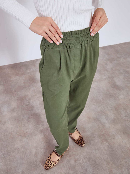 Celestino Women's High Rise Trousers Pockets Dark Khaki