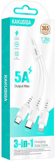 Kakusiga USB to Type-C / Lightning / micro USB Cable 5A Λευκό 1.2m KSC-997