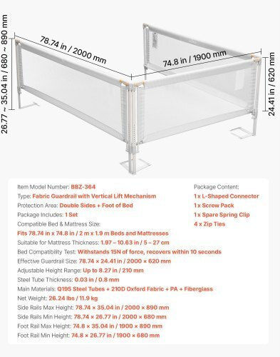 Vevor Bed Rail Guard Simple Placement made of Fabric in Gray Color 3pcs