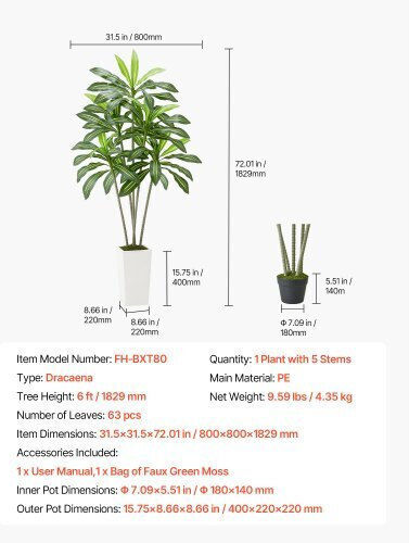 Изкуствено дърво за външно пространство Dracaena 182.9см (Различни дизайни) Vevor