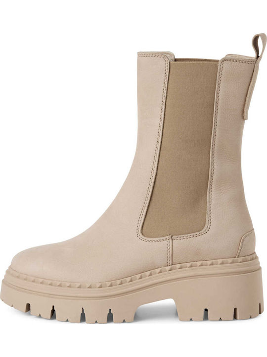 Leather Women's Chelsea Boots with Medium Heel Beige