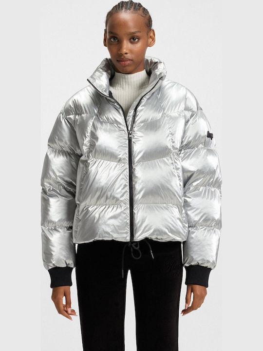 High-sheen Γυναικείο Puffer Μπουφάν για Χειμώνα Ασημί