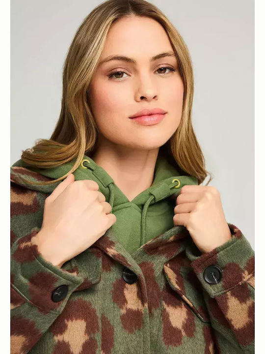 Women's Leopard Khaki Overshirt with Fur Details