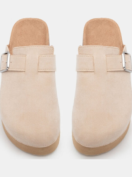 Leather Winter Women's Slippers Beige
