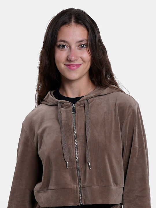 Cropped Women's Sweatshirt Jacket Velvet Hooded Walnut